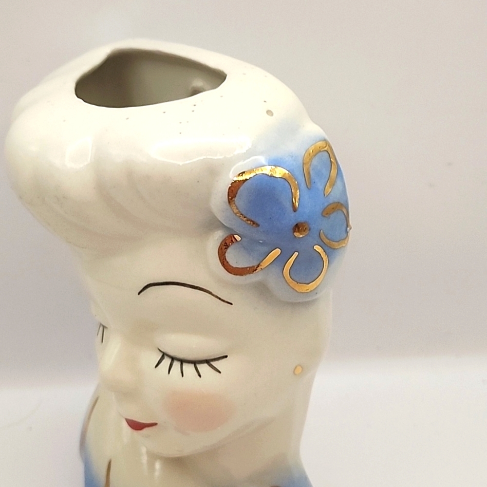 Vintage Glamour Girl Lady Head Vase Wall Pocket 6" X 3.75" X 2.5" Blue - Picture 11 of 14